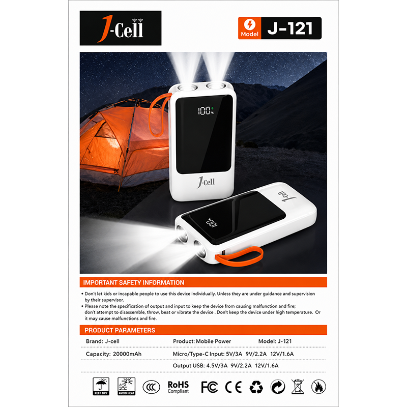 J-Cell J-121 20000mAh Power Bank with Built-in Cables & Dual LED Flashlight - Image 3