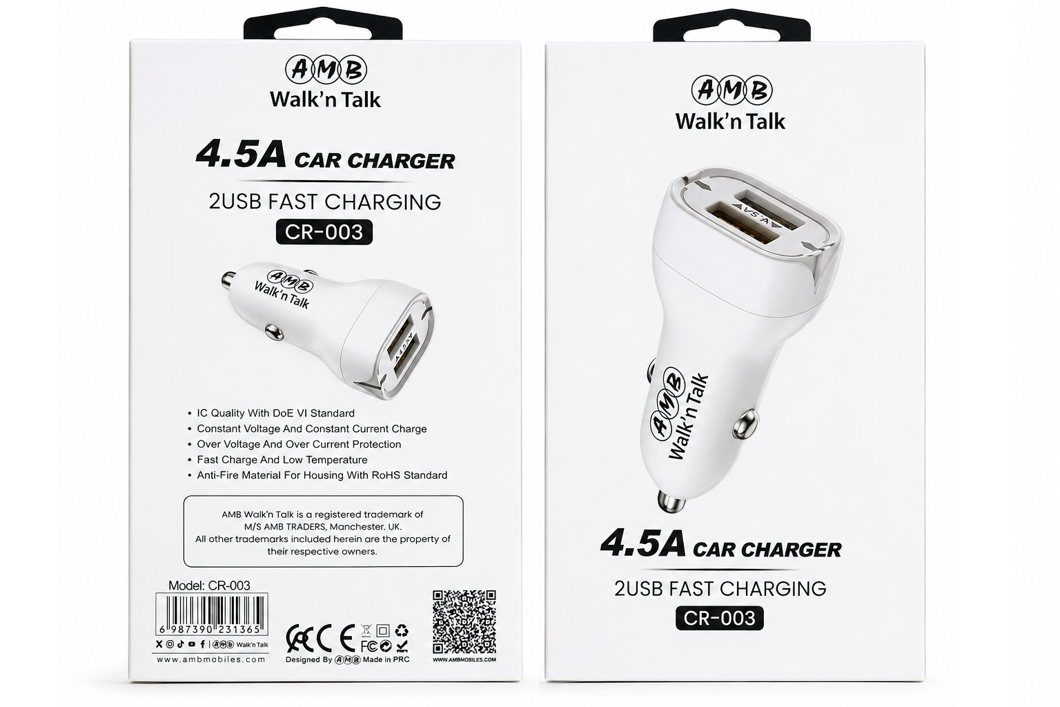 AMB Walk'n Talk 4.5A Dual USB Fast Car Charger (CR-003)