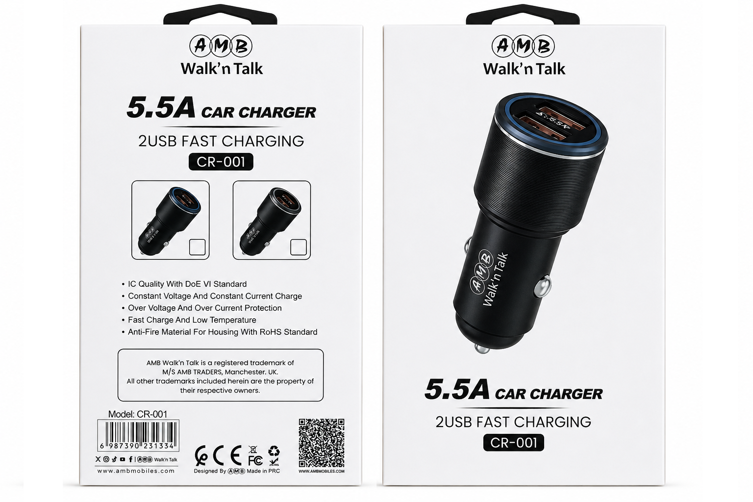 AMB Walk'n Talk 5.5A Dual USB Fast Car Charger (CR-001)