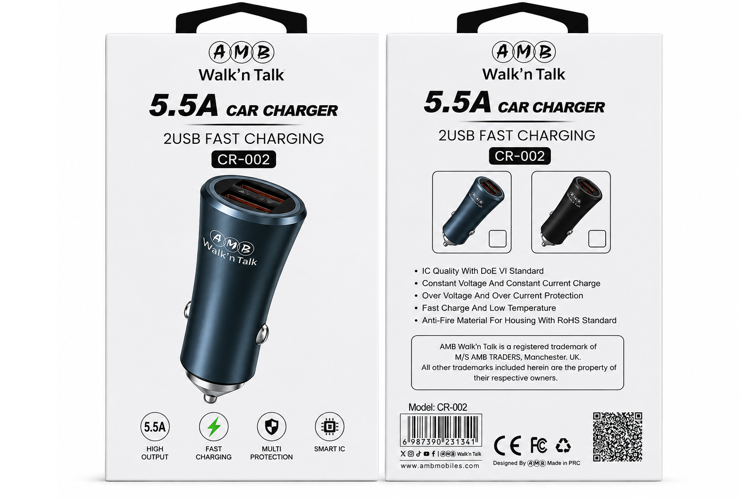AMB Walk'n Talk 5.5A Dual USB Fast Car Charger (CR-002)