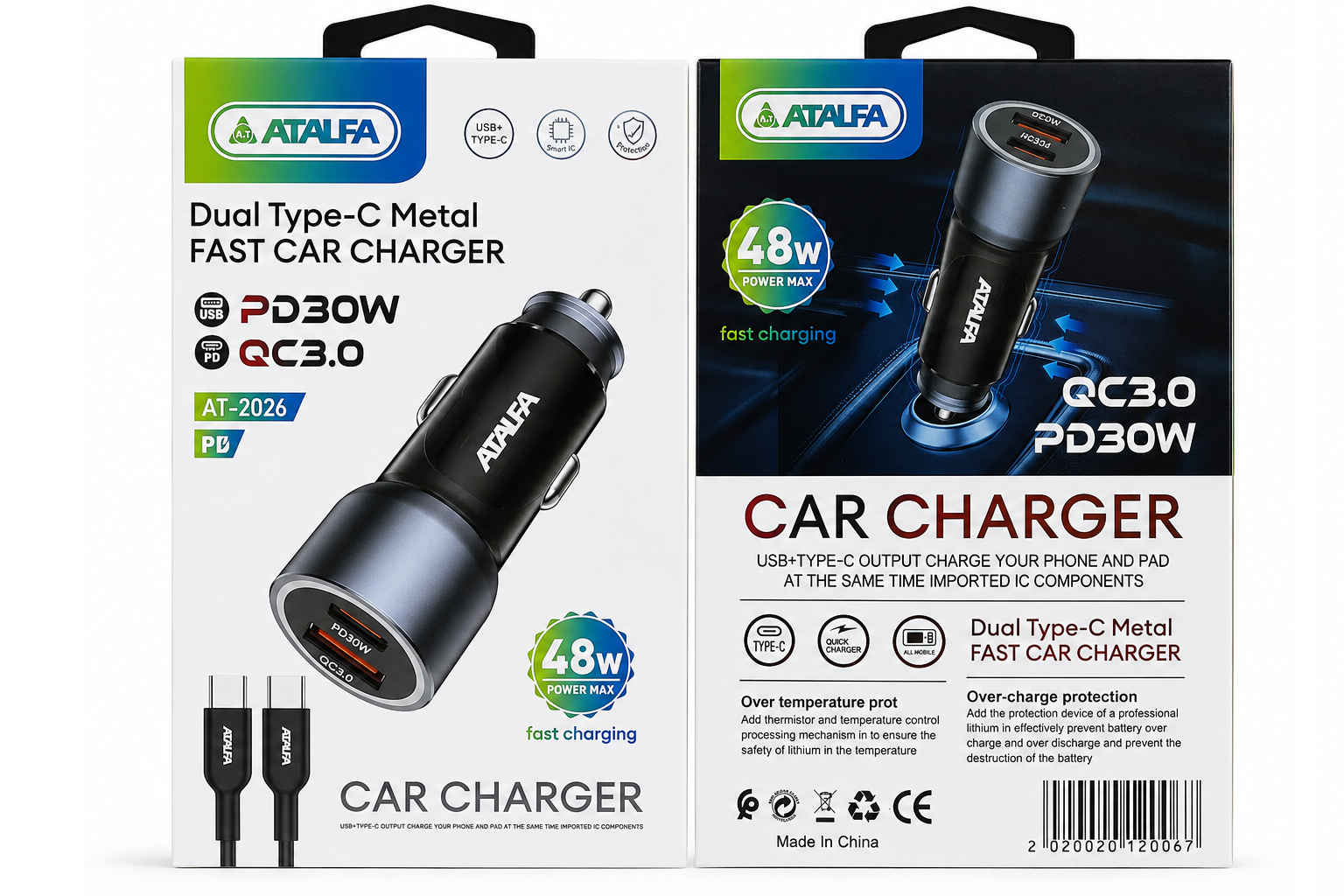 ATALFA Dual Type-C Metal Fast Car Charger 48W (AT-2026)